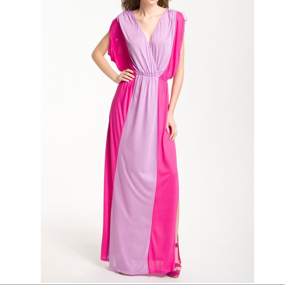 Bloomingdales FELICITY & COCO pink color blocked grecian maxi